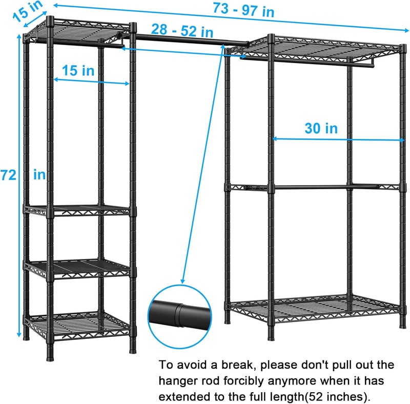 Ulif E10 Clothes Rack（With Stretchable Hanger Rod）Freestanding Clothing Racks for Hanging Clothes，Adjustable Closet Organizer System，Portable Garment Rack 73-97"W x 15" D x 72" H，Max Load 800LBS，Black - Image 2